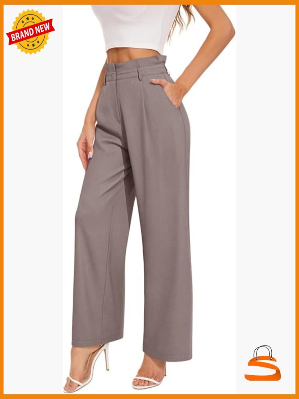 Wide Leg Paper Bag Waist Trousers with Pockets for Work